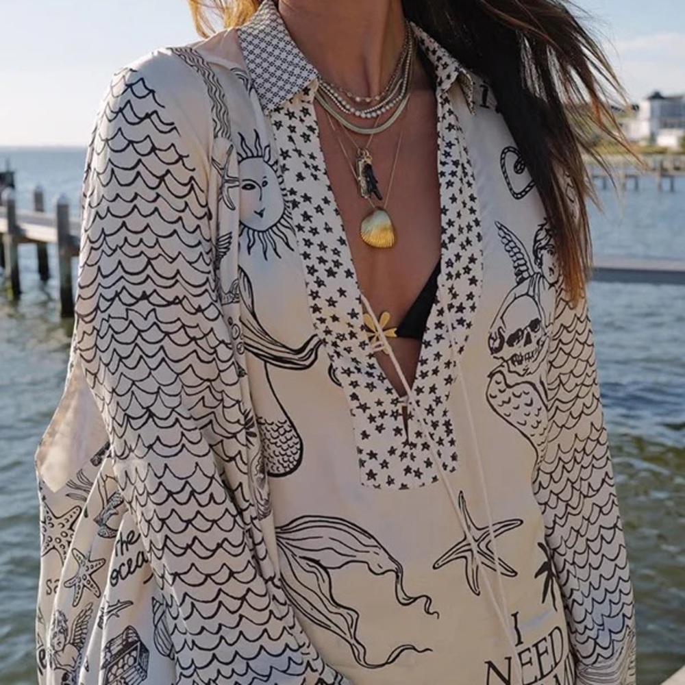 Beige Graphic Print Beach Cover-Up Set